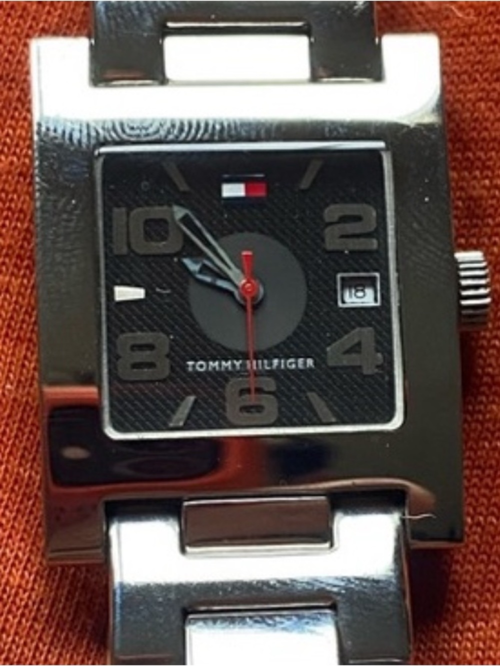 Tommy Hilfiger  Silver-Tone Watch with green Dial and Red Accents